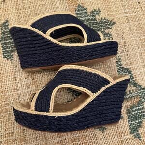 Elegant Navy and Tan Woven Wedges